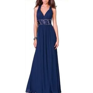 NWOT La Femme Navy Crisscross Back Embellished Waist Gown Size 6